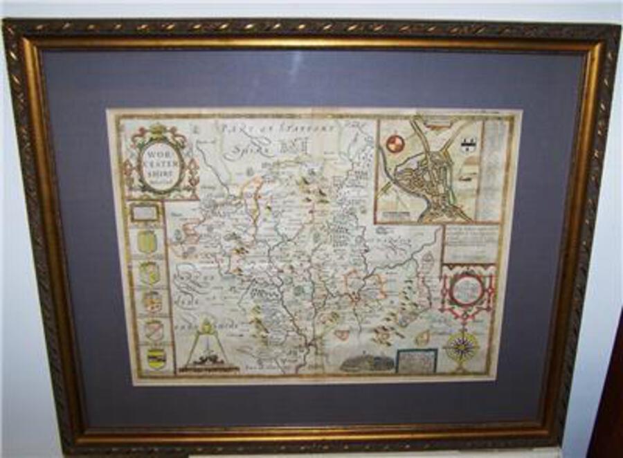 ORIGINAL 1676 JOHN SPEED MAP OF WORCESTERSHIRE EARLY HAND COLOUR  