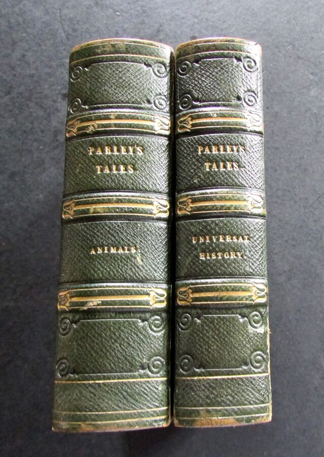 1838 TALES ABOUT ANIMALS & UNIVERSAL HISTORY BY PETER PARLEY  2 x LEATHER VOLUMES