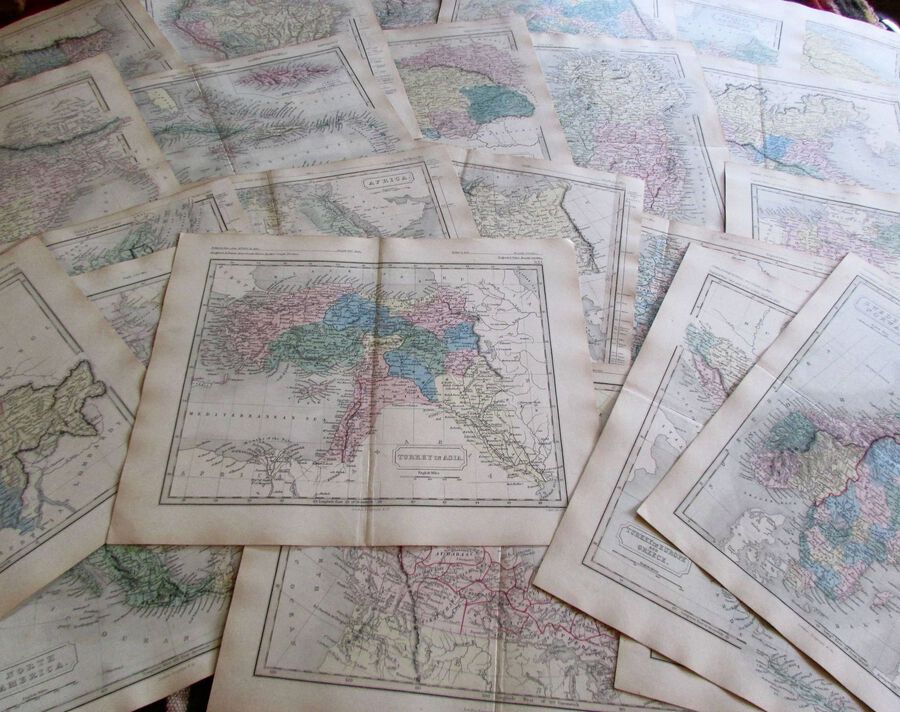 LARGE COLLECTION of ANTIQUE WORLD MAPS 23 x COLOURED MAPS BY  SIDNEY HALL C. 1860