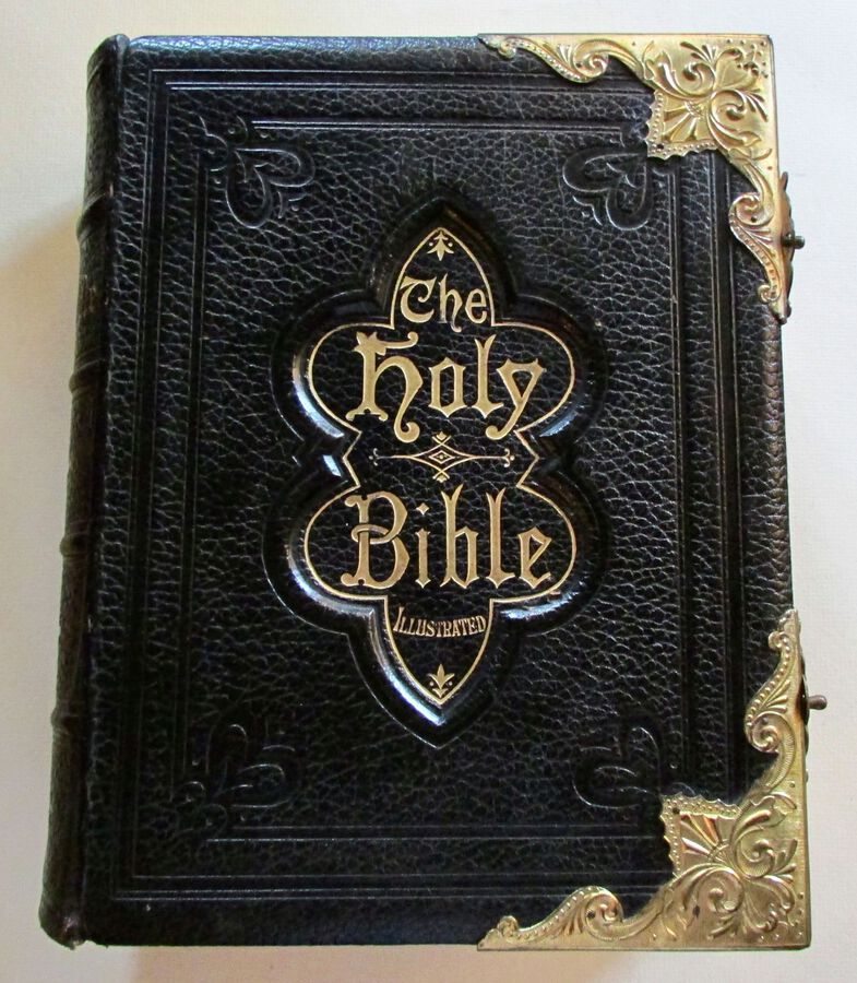 VICTORIAN BRASS & LEATHER BOUND BIBLE FULL LEATHER BINDING, COLOUR PLATES. 