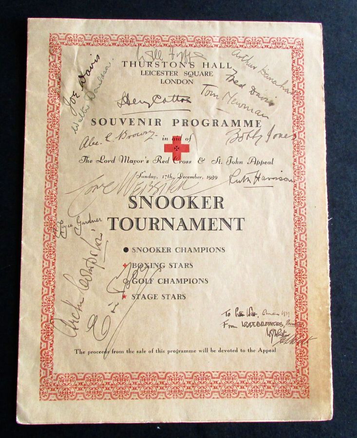 SNOOKER TOURNAMENT SOUVENIR PROGRAMME FROM SUNDAY 17th DECEMBER 1939 SIGNED BY NUMEROUS SPORT STARS & CELEBRITIES FROM THE 1930'S