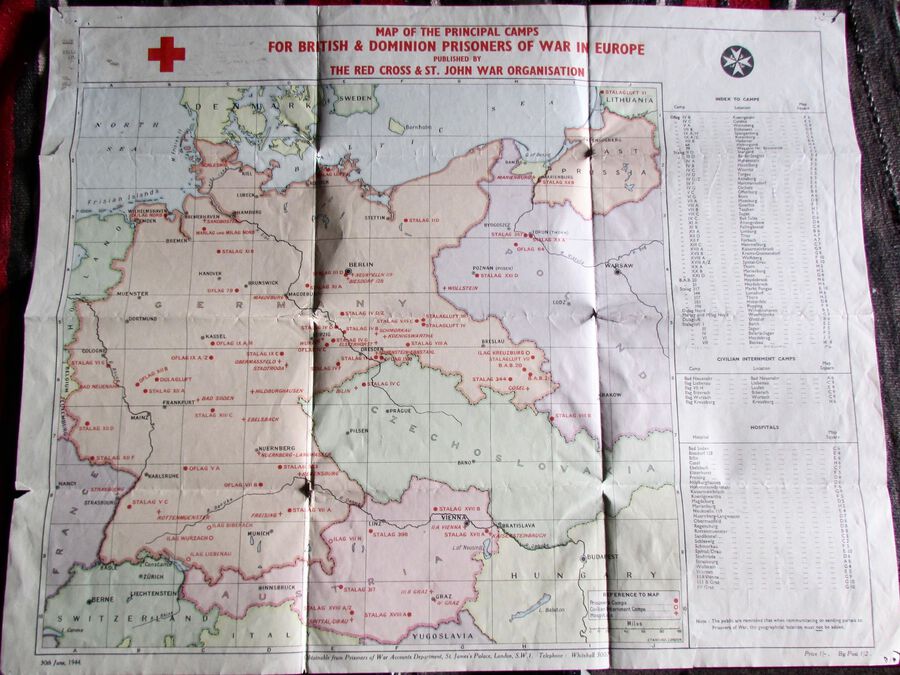 RARE 1944 Red Cross MAP OF PRISON CAMPS for BRITISH & DOMINION PRISONERS Europe
