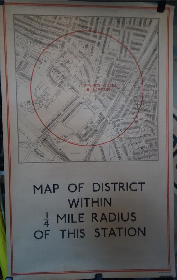 1932 LONDON UNDERGROUND Paper over Linen 1/4 mile radius of BOUNDS GREEN STATION Map