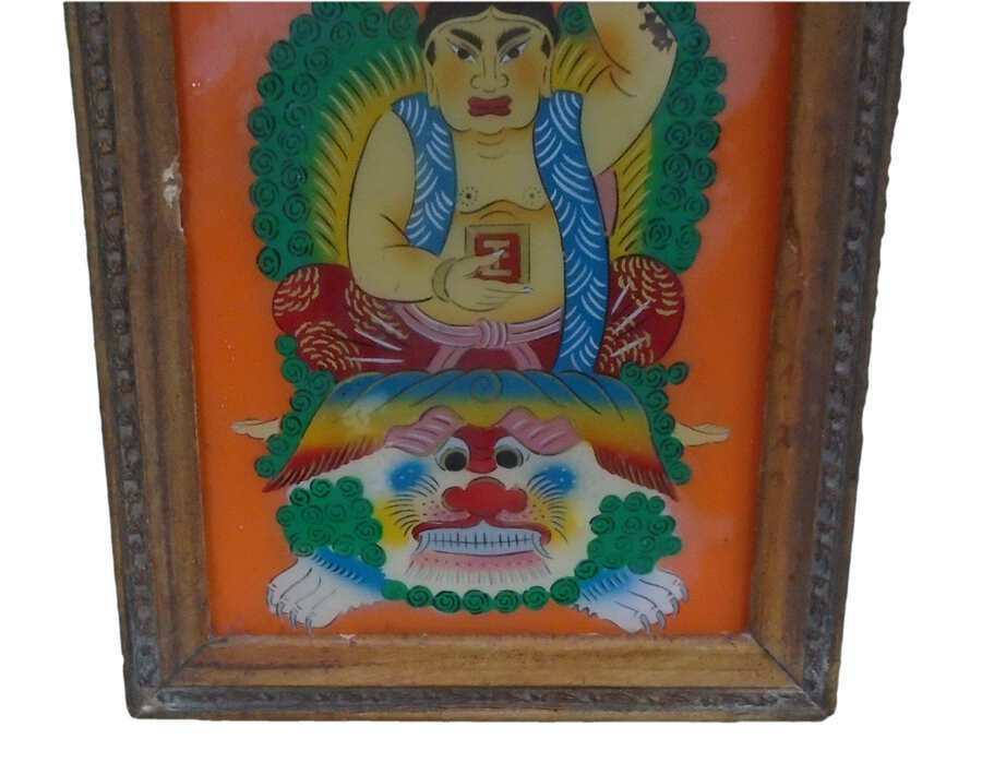 Antique Glass Painting of A Deity upon a Supernatural Animal