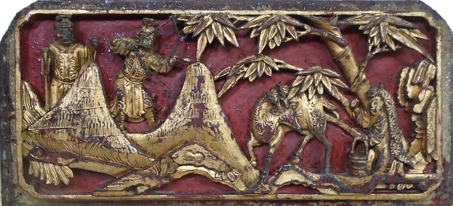 Qing Dynasty Gilt Wood Panel of a Hunt