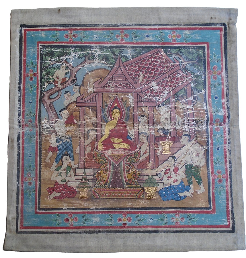 Painting on Cloth of the Buddha With Devotees