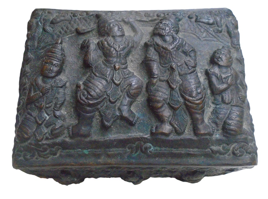 Burmese Repousse Bronze Box With Jakata Story Figures