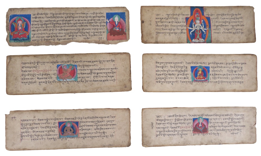 Tibetan Buddhist Manuscript Leaves With Miniatures