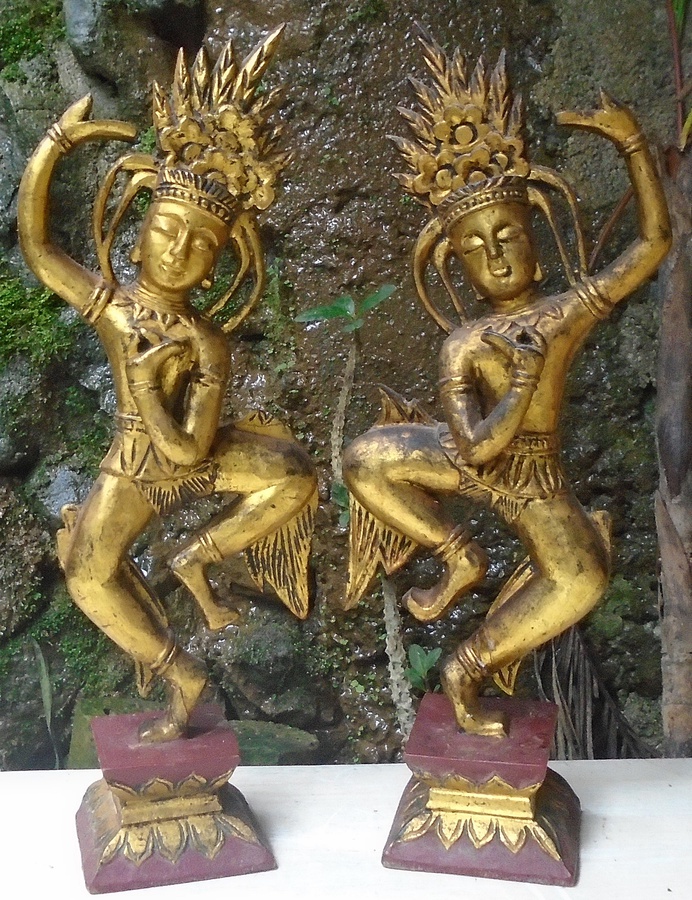 Antique Pair Cambodian Khmer Apsara Dancing Figures 