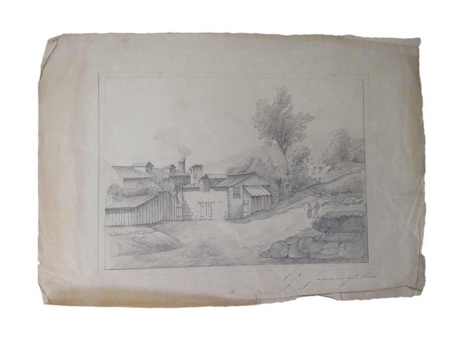 A Sketch Of a Country House and a Couple on A Country Road