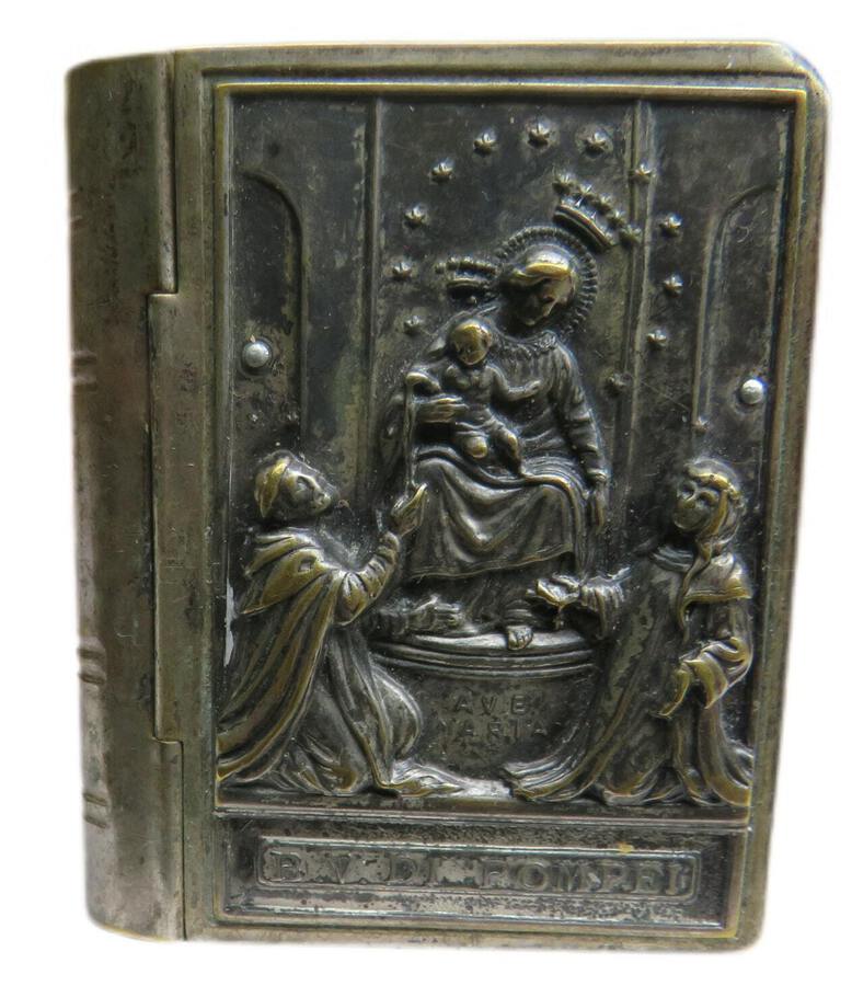 White Metal Rosary Book Box Marked A E MARIA/B.V. DI POMEI