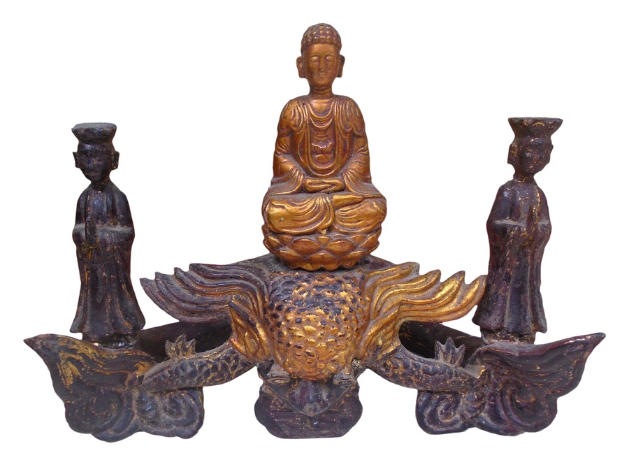 Buddha Upon Dragon Head Flanked by Attendants