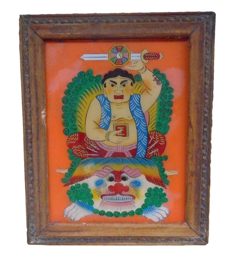 Antique Glass Painting of A Deity upon a Supernatural Animal