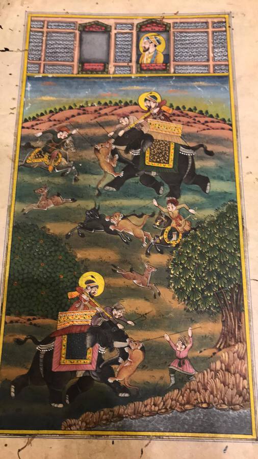 India Early-Mid 20th Gouche Painting of Elephant Hunt