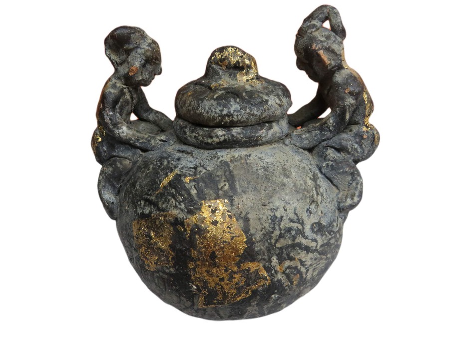 Gilt Ceramic Urn Topped with Two Guardians