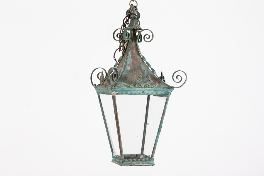 Antique Arts&Crafts Verdigris Brass & Copper Hall Lantern
