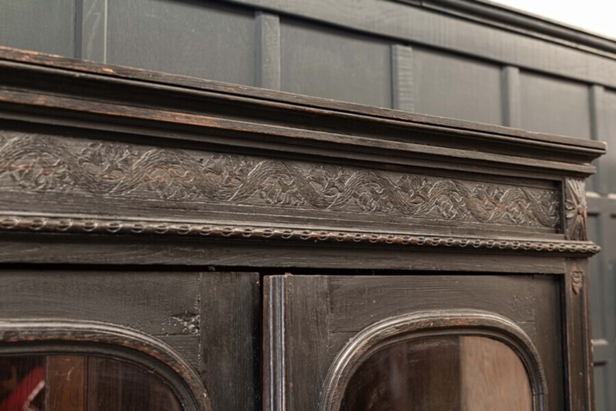 Antique 19thC French Ebonised Oak Glazed Vitrine / Armoire