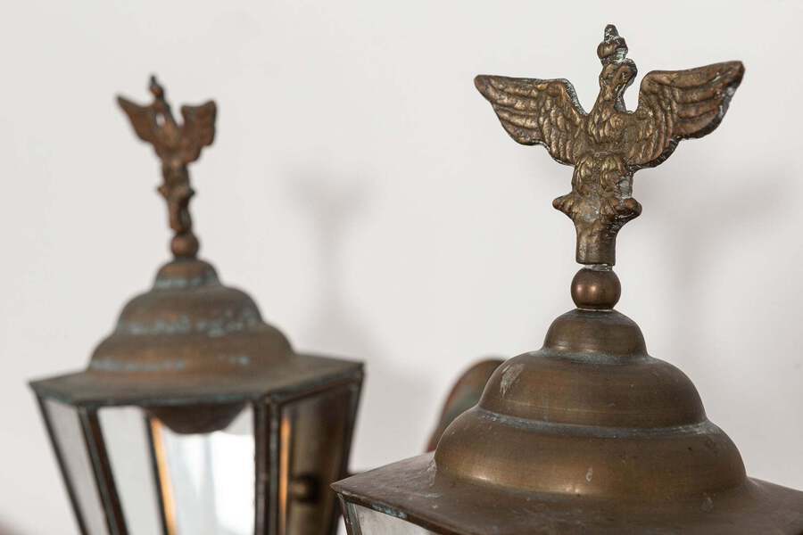 Antique Pair Austrian Eagle Mounted Brass Wall Lanterns