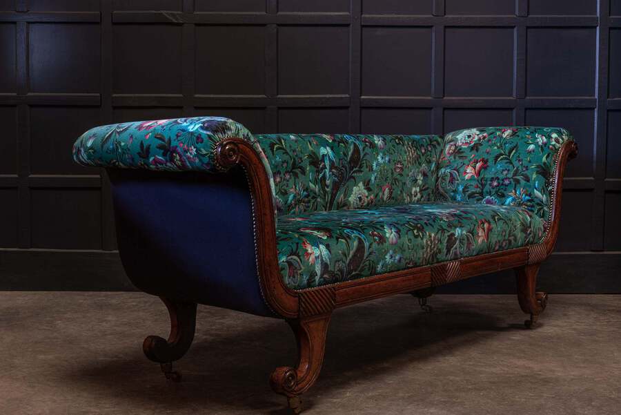 Antique English Regency Mahogany Scroll End Sofa, Reupholstered.
