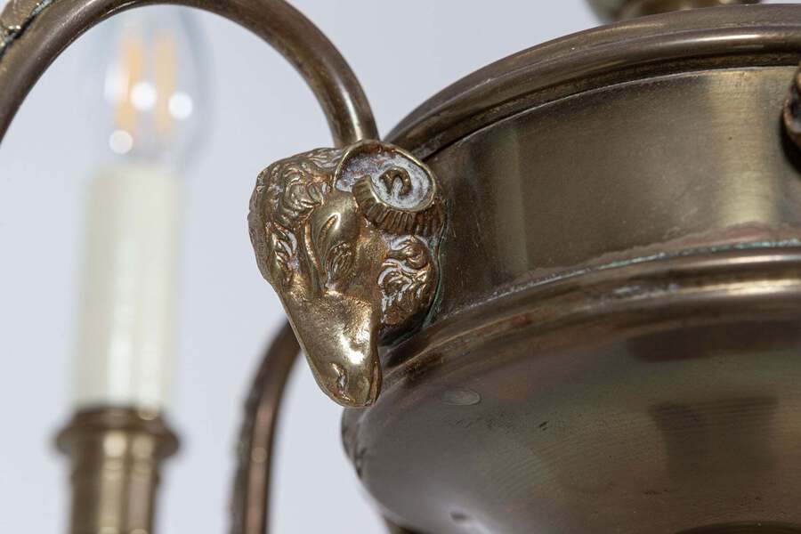Antique Diminutive English Rams Head Brass 5 Arm Chandelier