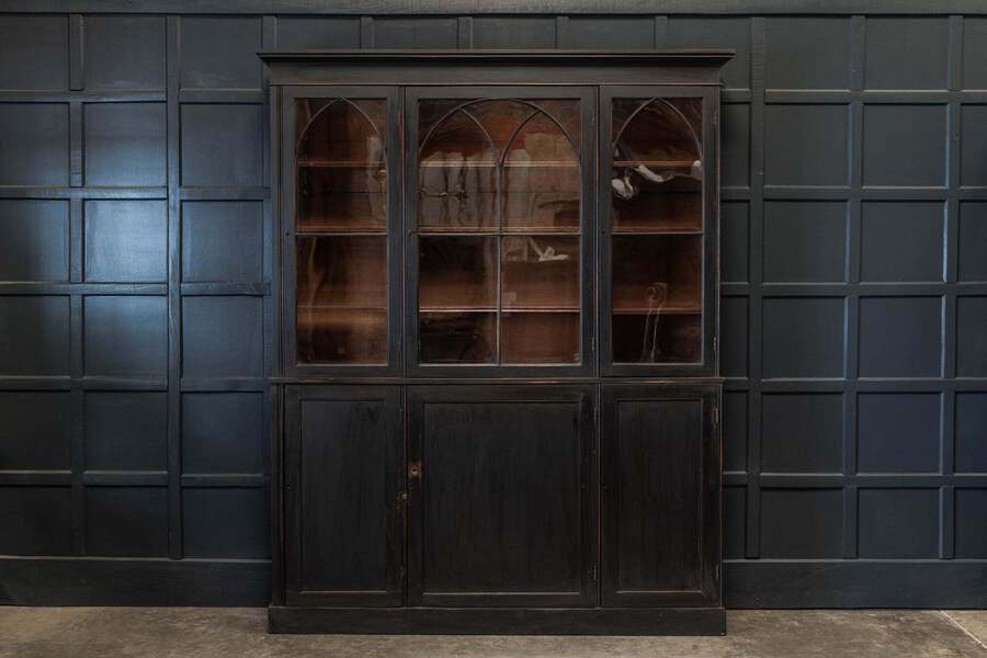 Antique 19thc English Ebonised Mahogany Arched Glazed Bookcase
