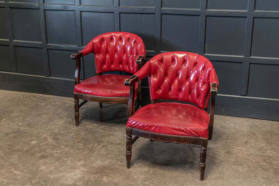 Antique Pair of 1920's English Red Studded Club Chairs