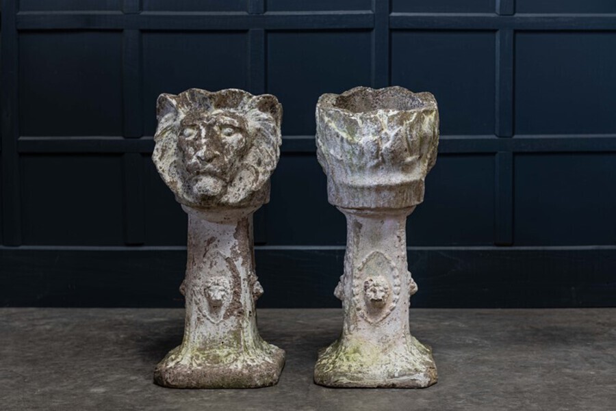 Antique Early 20thC Pair of Cast Stone Lion Jardinieres