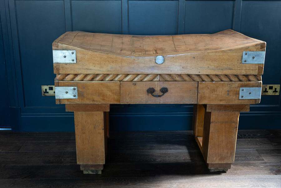 Antique French Butchers Block on Original Stand, Beech, Brown, Early 20th Century