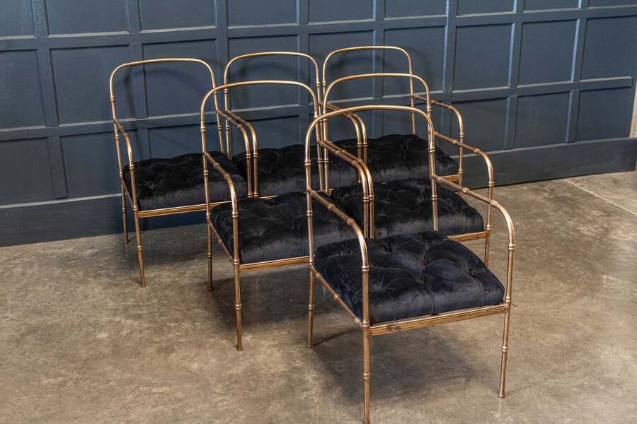 Antique Pair of Jacques Adnet Style Faux Bamboo Gilt Iron Armchairs