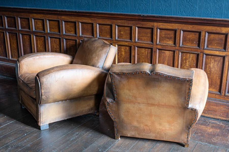 Antique French Leather Moustache Back Club Chair Sofa Set