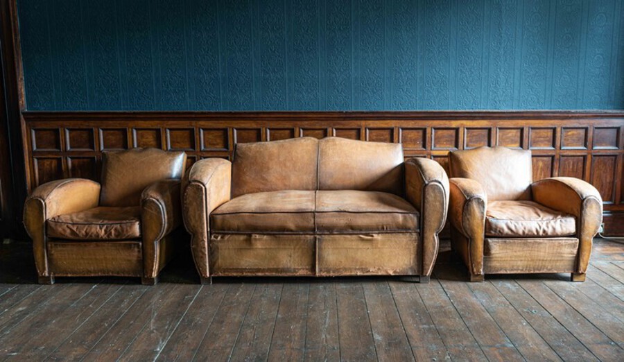 Antique French Leather Moustache Back Club Chair Sofa Set