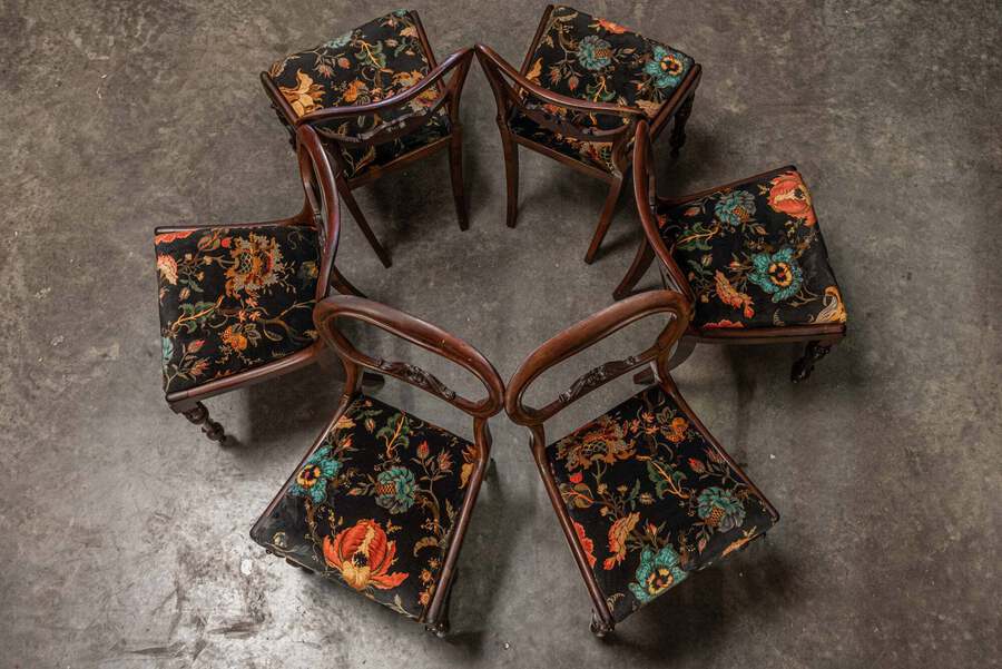 Antique English 19th Century Set of 6 Rosewood Upholstered Chairs