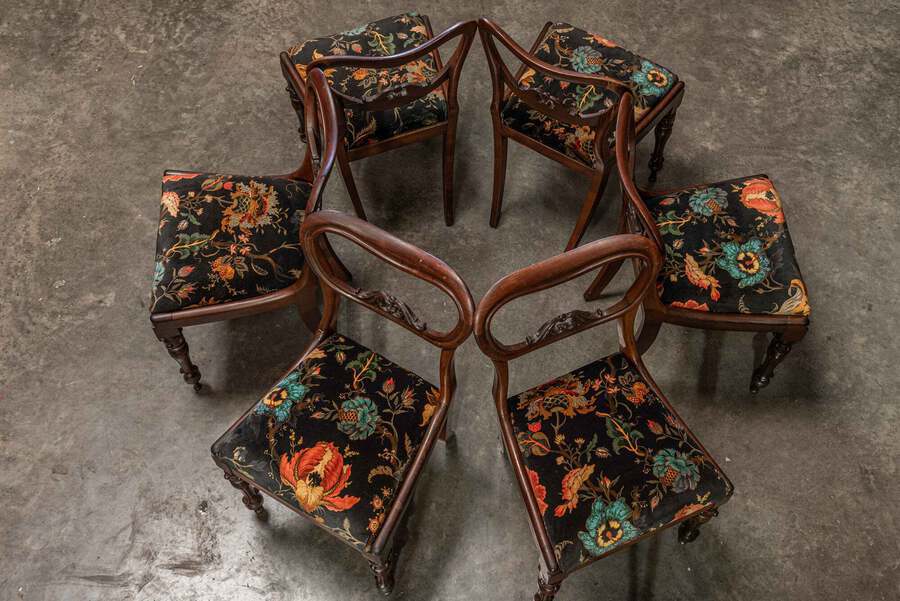 Antique English 19th Century Set of 6 Rosewood Upholstered Chairs