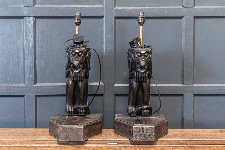 Antique 19th C Ebonised Carved Winged Serpent Gargoyle Table Lamps