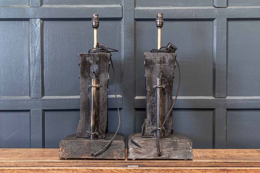 Antique 19th C Ebonised Carved Winged Serpent Gargoyle Table Lamps