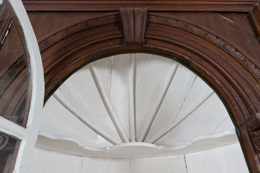 Antique English Georgian Painted Glazed Barrell Back Corner Cupboard