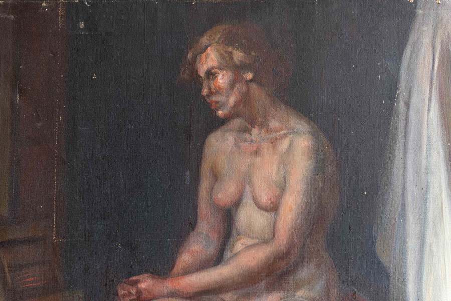 Antique Alys Woodman 'Painting From Life' Nude Oil Painting