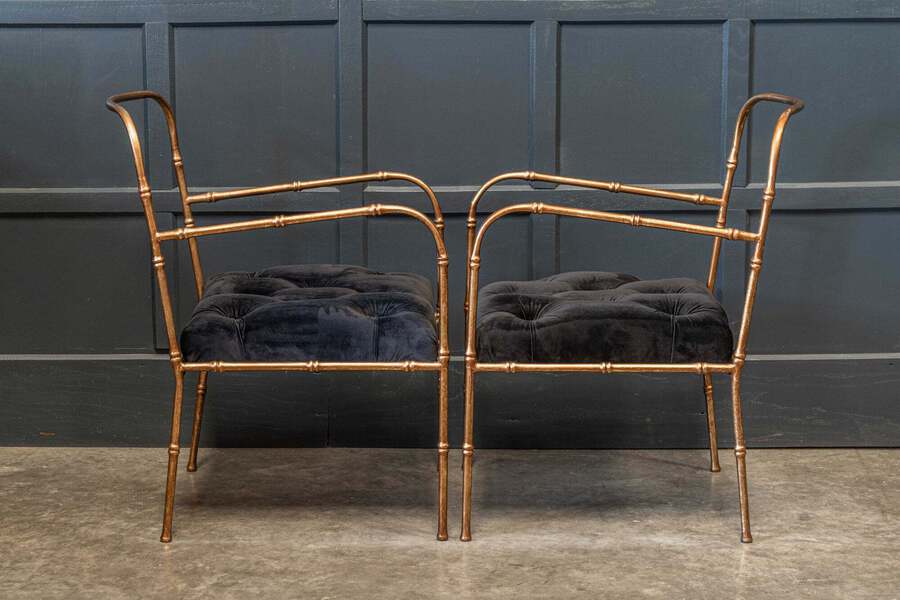 Antique Pair Jacques Adnet Style Faux Bamboo Gilt Iron Armchairs