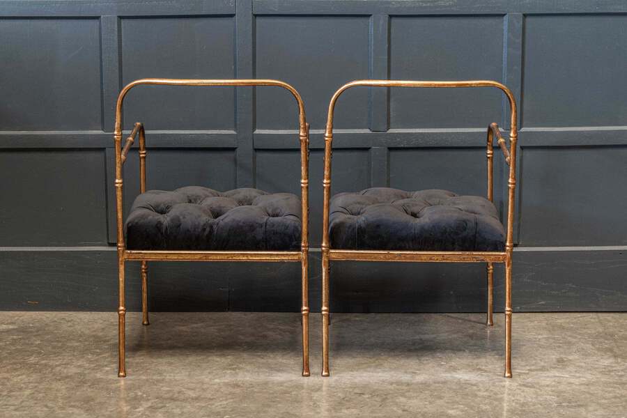 Antique Pair Jacques Adnet Style Faux Bamboo Gilt Iron Armchairs