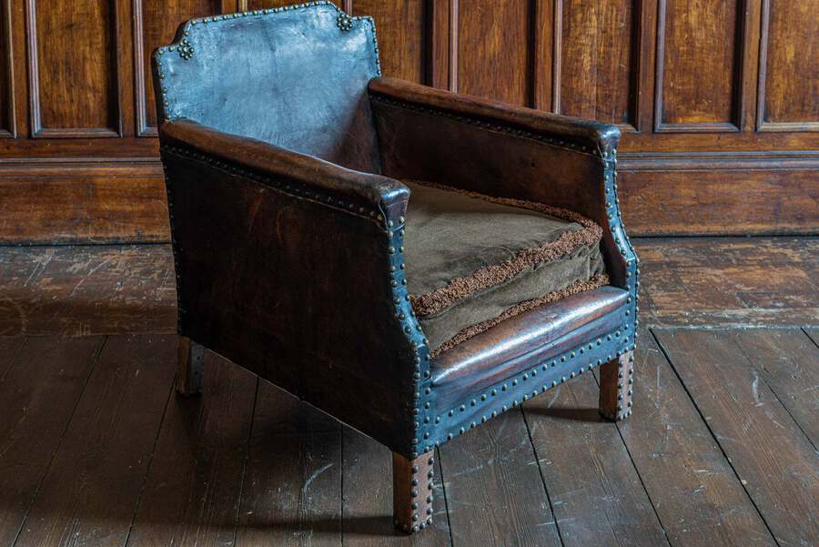 Antique English Leather and Brass Studded Armchair