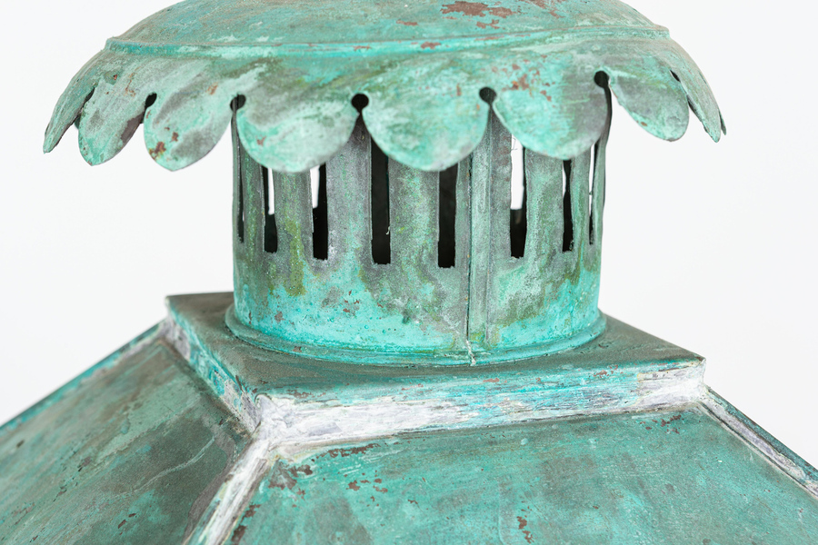 Antique 19thC English Verdigris Copper & Iron Lantern