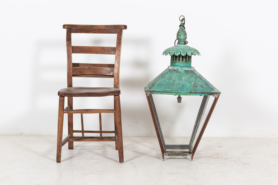 Antique 19thC English Verdigris Copper & Iron Lantern