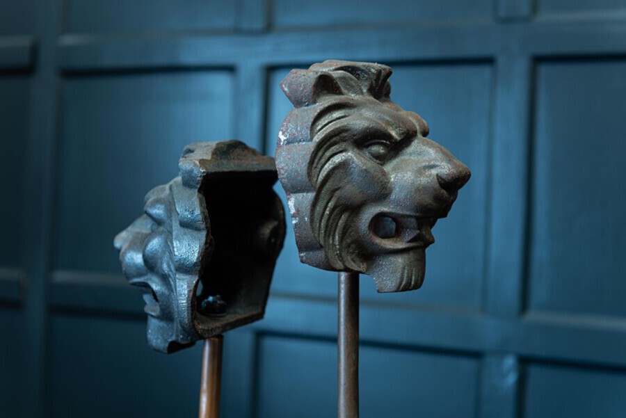 Antique 19thC Pair Cast Iron Mounted Lion Masks