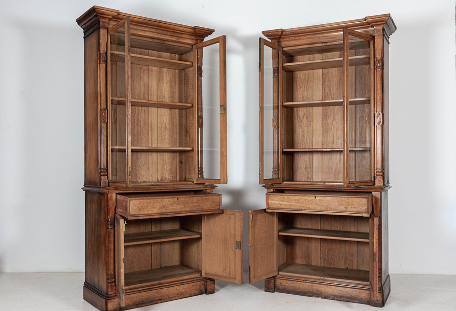 Antique Pair English 19thC Oak Bookcase Cabinets