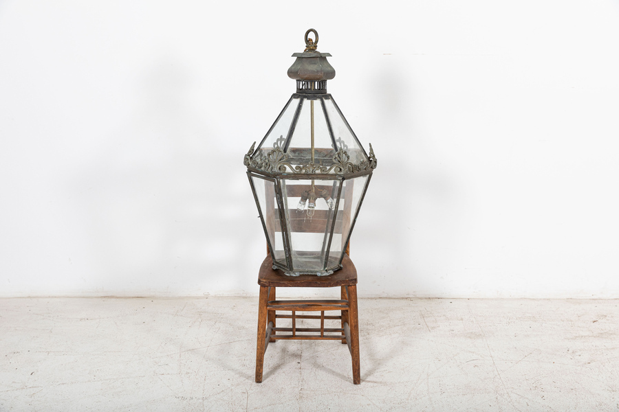 Antique Large English Georgian Copper & Lead Glazed Lantern