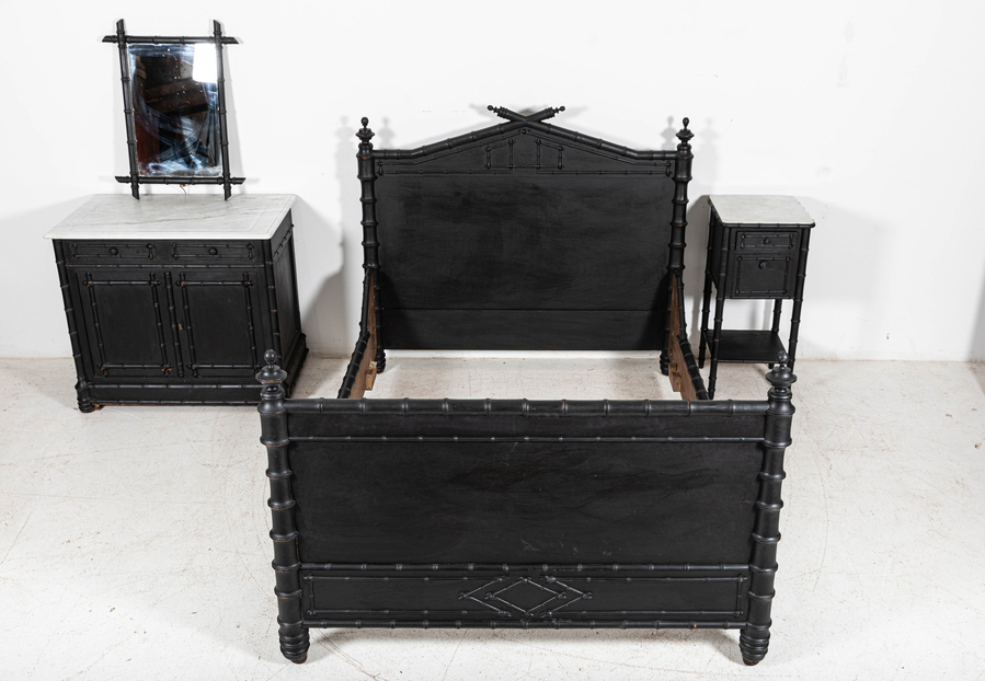 19thC French Ebonised Faux Bamboo Bedroom Suite