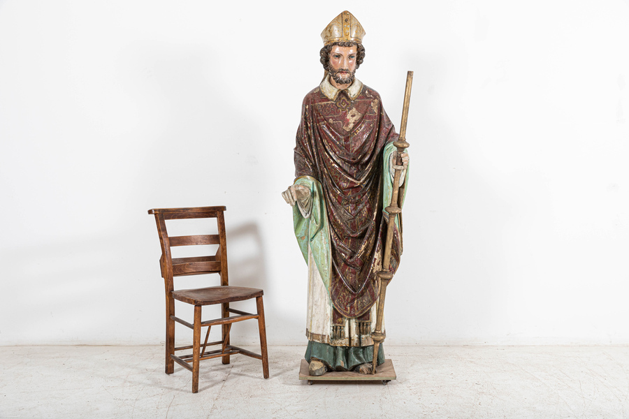 18thC Italian Oak & Polychrome Carved Bishop Statue