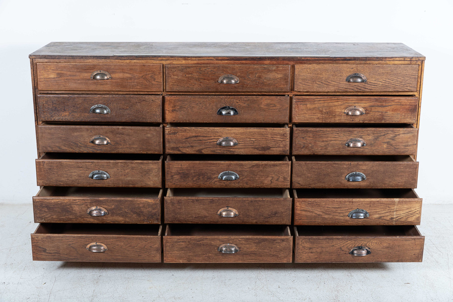 Antique English Oak Haberdashery Bank of Drawers Cabinet