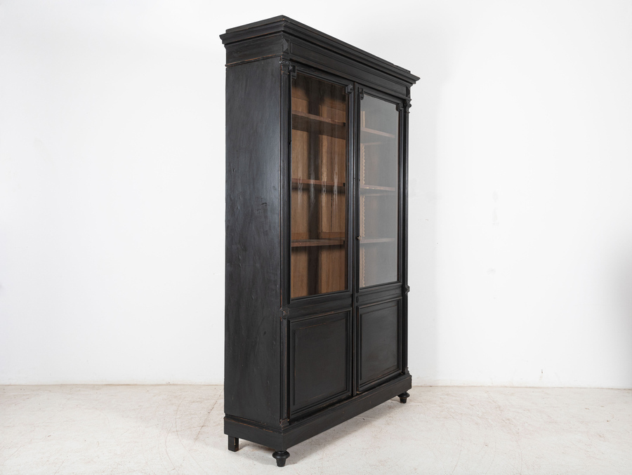 Antique Large 19thC French Ebonized Oak Glazed Vitrine Bookcase