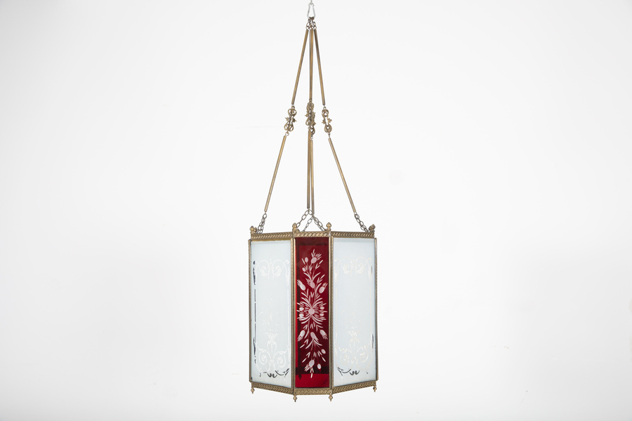 Antique 19thC English Oversized Etched Glass Lantern	